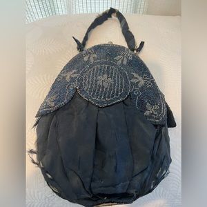 Antique Vintage Ornate Blue Beaded Purse Bag w/Interior Mirror and Coin